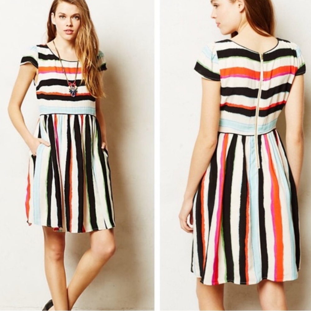 Anthropologie Maeve Watercolor Dress Striped Multicolor with pockets size 2